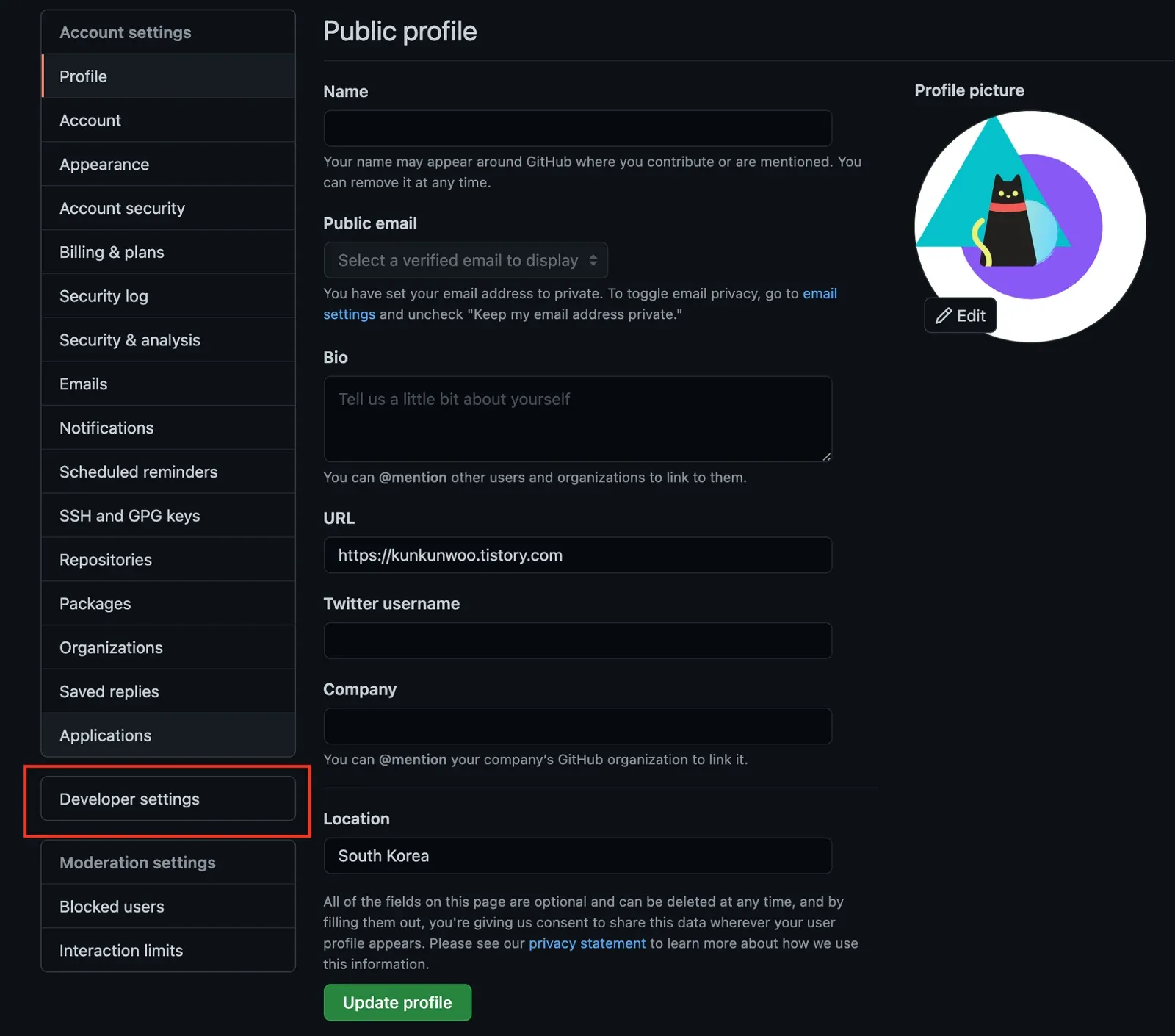 developer settings 선택
